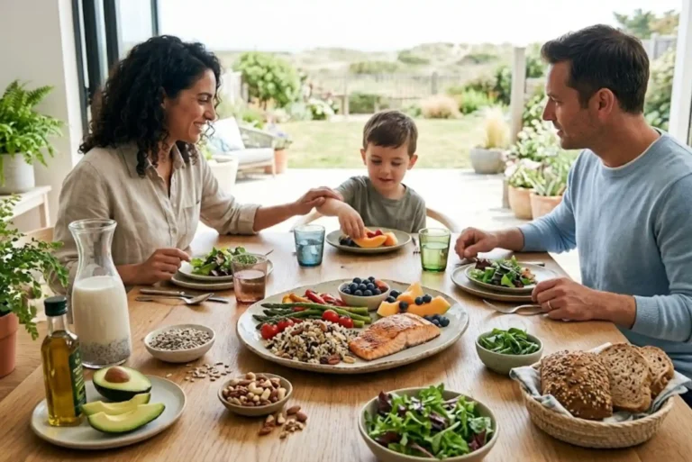 Balanced meal featuring foods from all major food groups including healthy fats