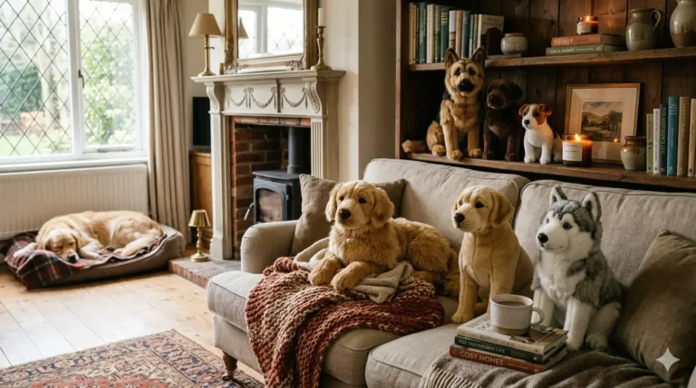 Realistic Douglas plush dogs displayed in a cosy UK home interior