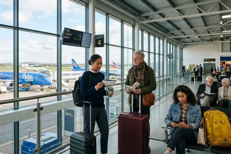 Travellers at an airport terminal preparing for a flight to Cardiff