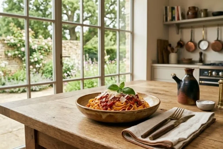 Fresh tagliatelle pasta served with traditional Italian tomato sauce and Parmesan cheese