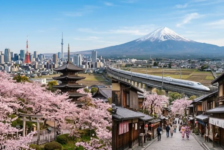 Mount Fuji, Tokyo skyline, and traditional Japanese landmarks