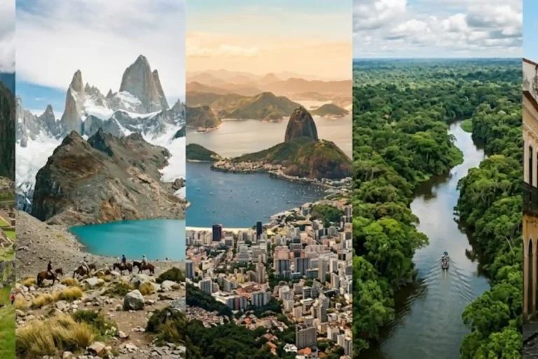 Famous travel destinations across South America including mountains, cities, and historic landmarks