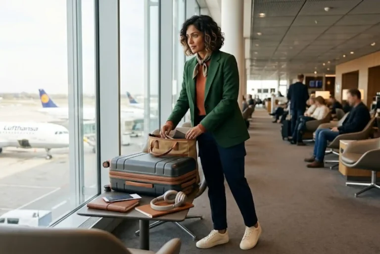 Female traveller wearing comfortable and stylish travel clothing at an airport