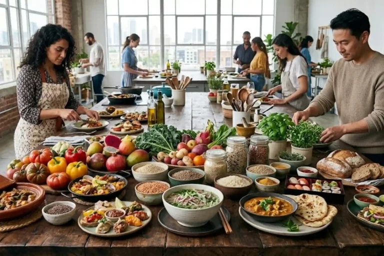Selection of global foods, fresh ingredients and international cuisine displayed on a table