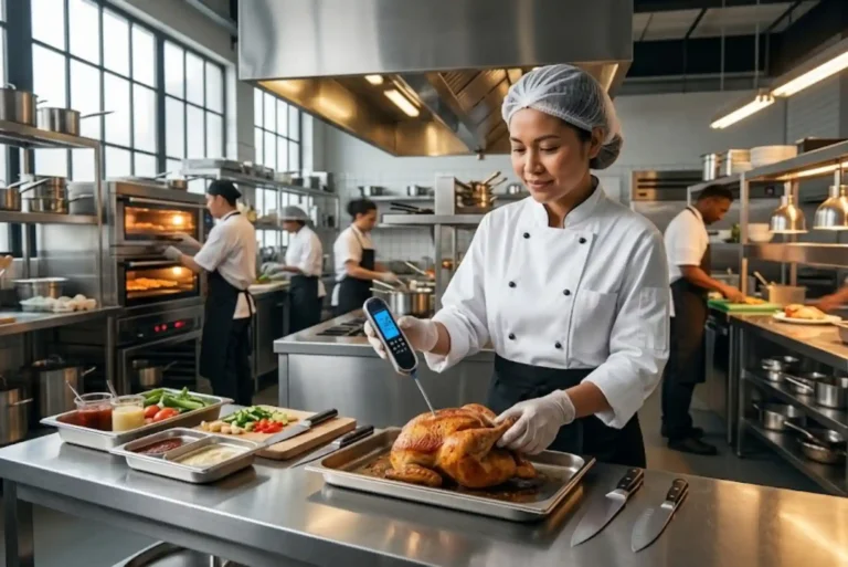 Chef using a food thermometer to check safe cooking temperatures in a professional kitchen