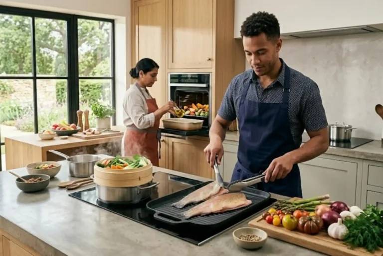 Healthy meal preparation featuring steamed vegetables, grilled fish and roasted vegetables