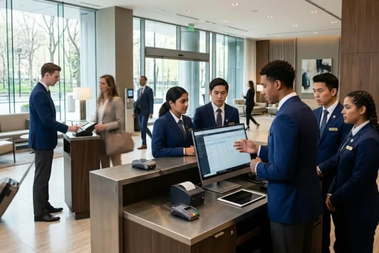 Hotel Management Course: Career Paths, Skills and Study Options in Hospitality Hospitality students receiving hotel management training in a professional hotel environment