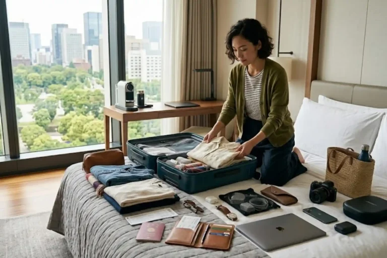 Traveller efficiently packing a suitcase with organised clothing and travel essentials