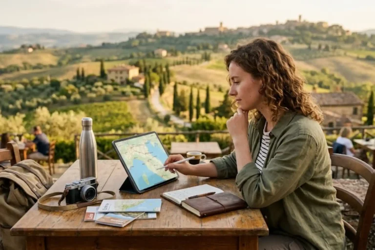 Italy Travel Locator: How to Plan Smarter Trips Across Italy Traveller planning an Italy itinerary using maps and destination guides in Tuscany