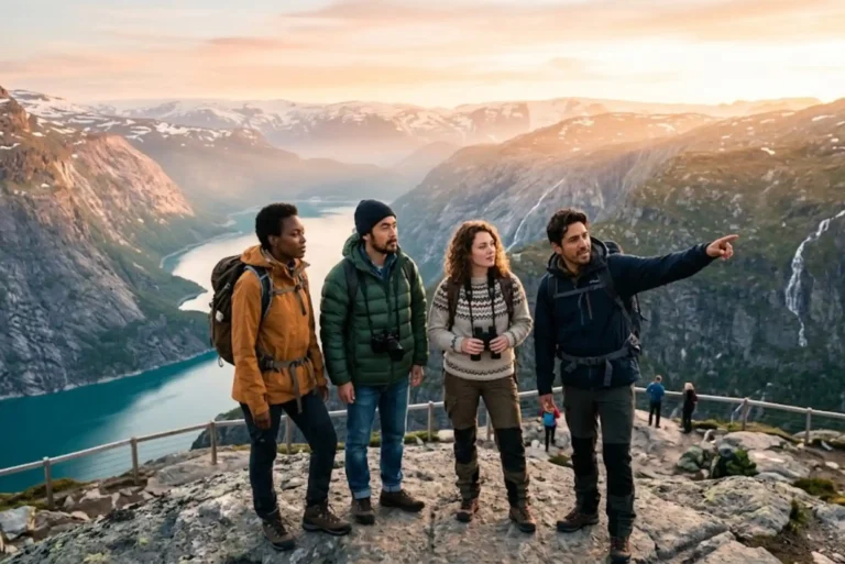 Travellers overlooking one of the world's most beautiful natural landscapes at sunrise