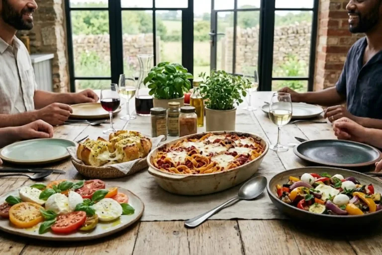 Fresh mozzarella dishes including Caprese salad, baked pasta and roasted vegetables