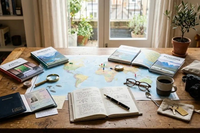 Collection of travel guide books with maps and travel planning materials