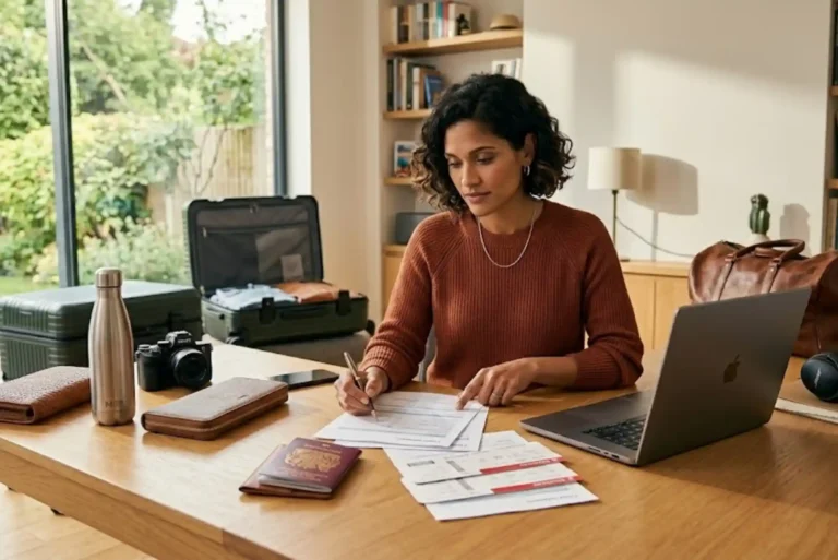 Traveller comparing travel insurance options before an international trip