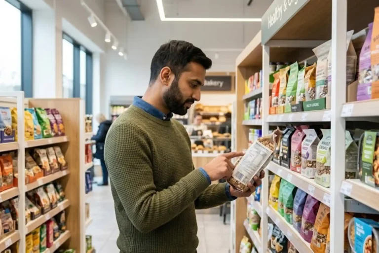 Food Labels Explained: How to Read Nutrition Information and Make Better Food Choices Consumer reading nutrition information and food labels in a supermarket