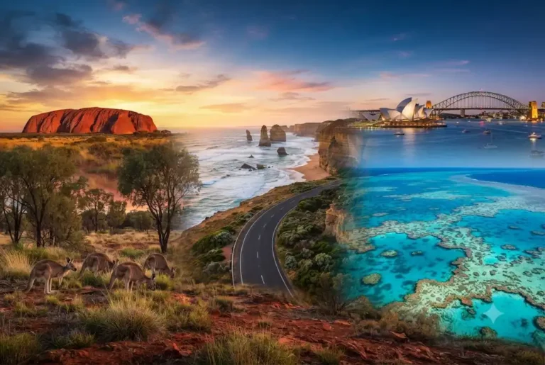 Australia tours featuring Sydney Harbour, Uluru, the Great Barrier Reef, and scenic Australian landscapes.