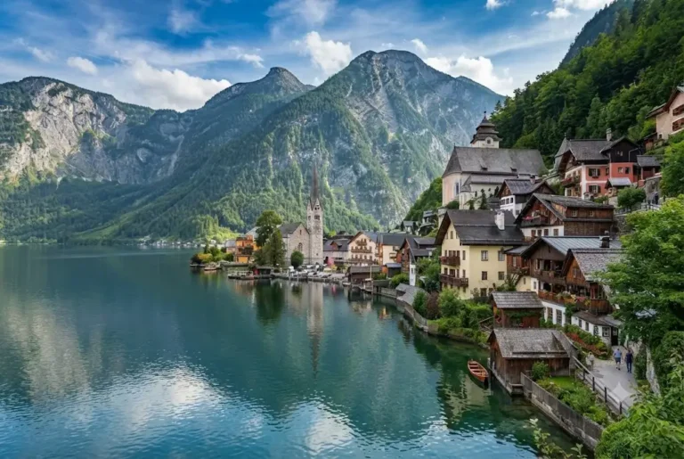 Scenic Alpine landscape representing Austria trips with Hallstatt village and surrounding mountains.