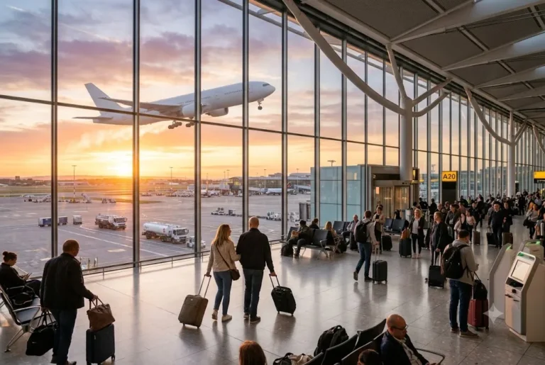 Wide-body aircraft representing cheap long haul flights departing from a UK airport.