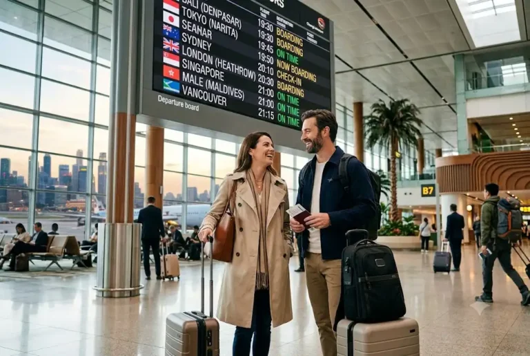 Couple preparing for cheap long haul holidays at an international airport