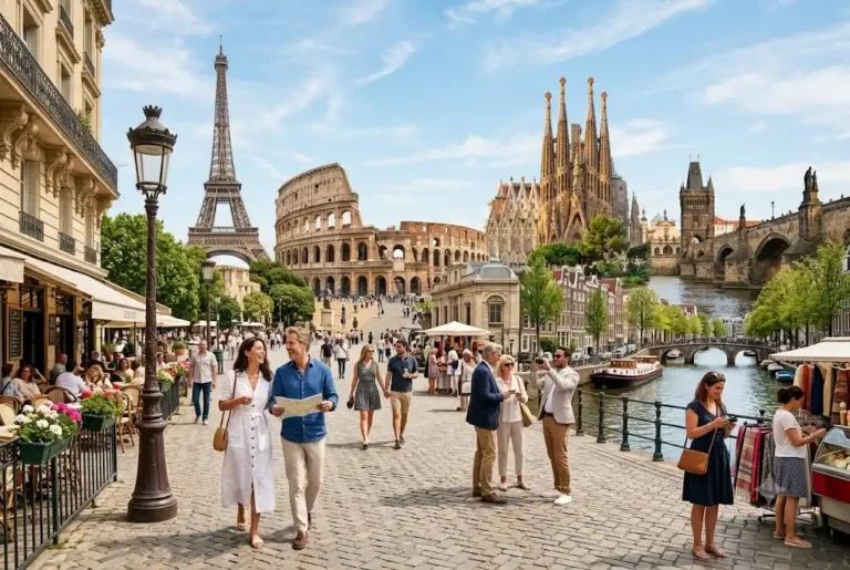 Travellers enjoying city breaks Europe while exploring famous European landmarks