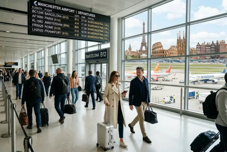 Travellers starting city breaks from Manchester at the airport before flying to Europe