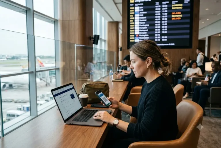 Traveller comparing flexible airline tickets before departure at a modern airport.