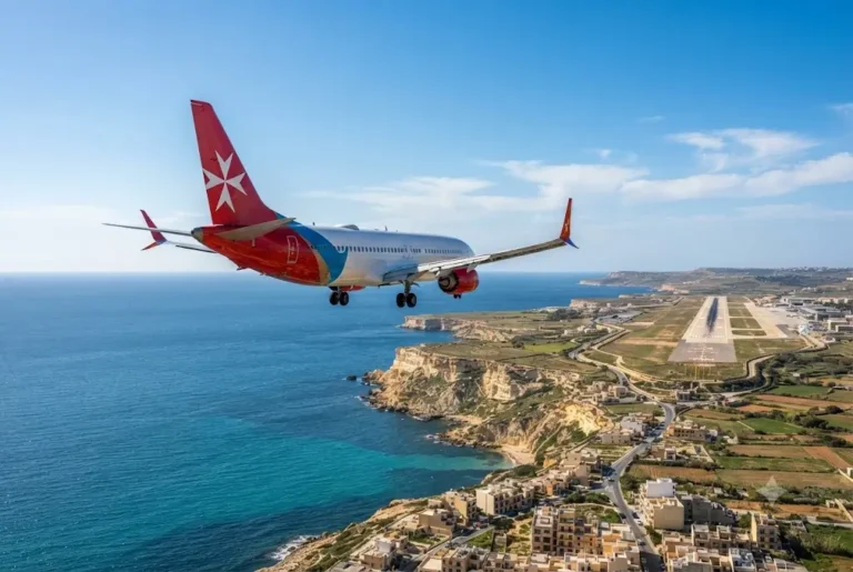 Commercial aircraft arriving during a flight to Malta from UK over the Mediterranean coastline.