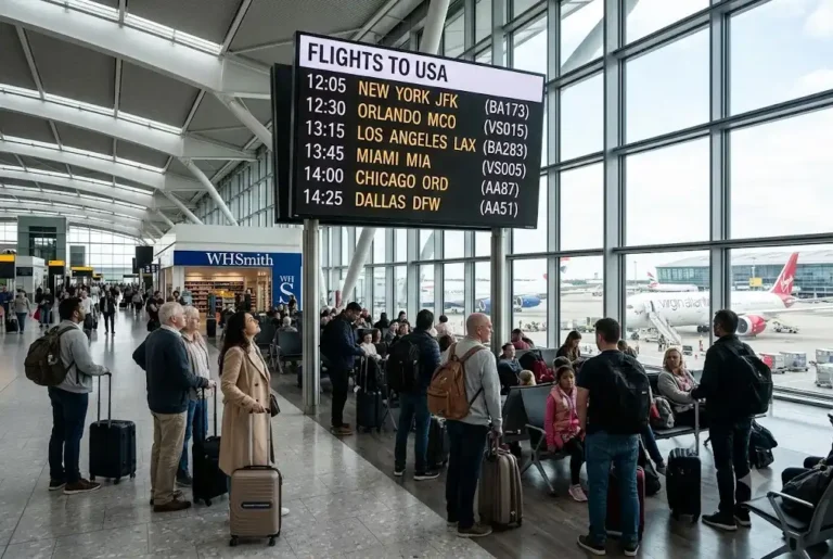 Travellers preparing for flights from UK to USA at a modern international airport