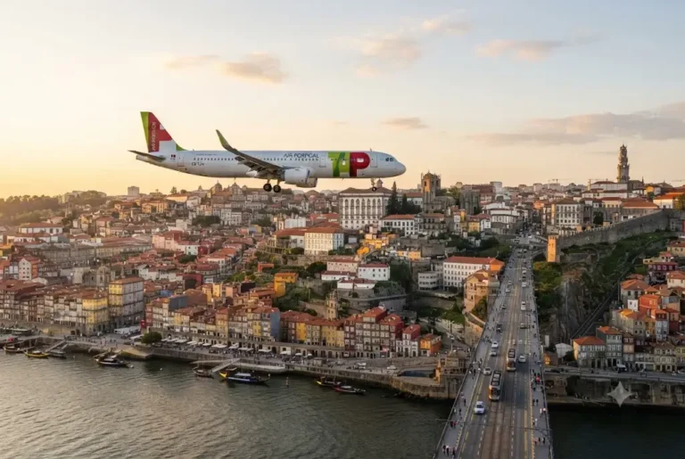Flights to Porto Portugal arriving above the Porto skyline