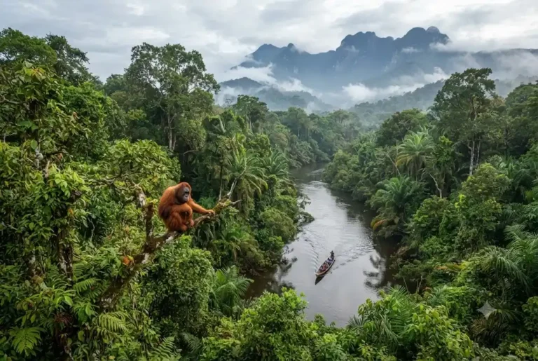 Holiday to Borneo featuring a wild orangutan in the tropical rainforest.