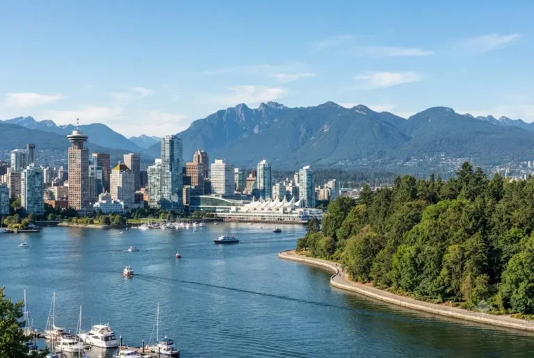 Beautiful skyline during a holiday to Vancouver Canada overlooking Stanley Park and the harbour.