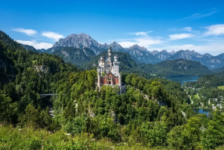 Scenic view representing holidays to Germany featuring Neuschwanstein Castle and the Bavarian Alps.