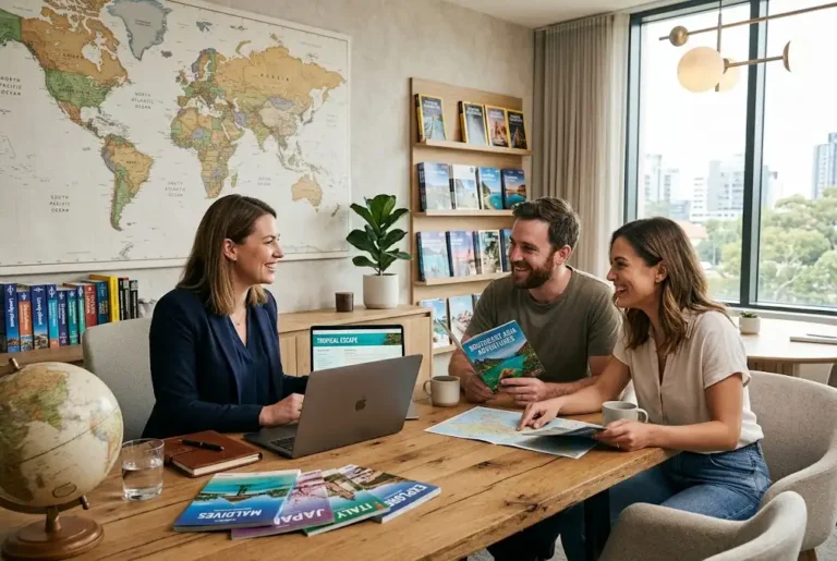 Independent travel agent helping clients plan their next holiday