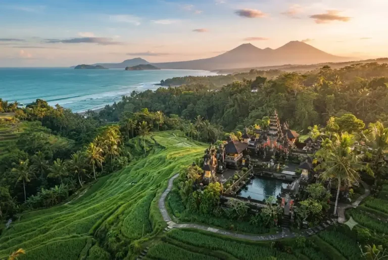 Indonesia tour showcasing Bali temples, rice terraces, and tropical coastline.