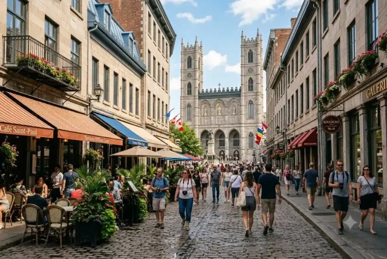 Travellers enjoying Montreal holidays in the historic Old Montreal district
