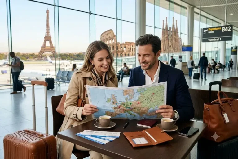 Travellers planning multi destination holidays across Europe with maps and luggage