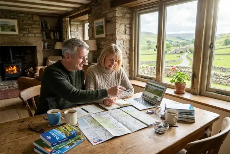 Couple preparing to plan holiday travel with maps and laptop in a countryside cottage.