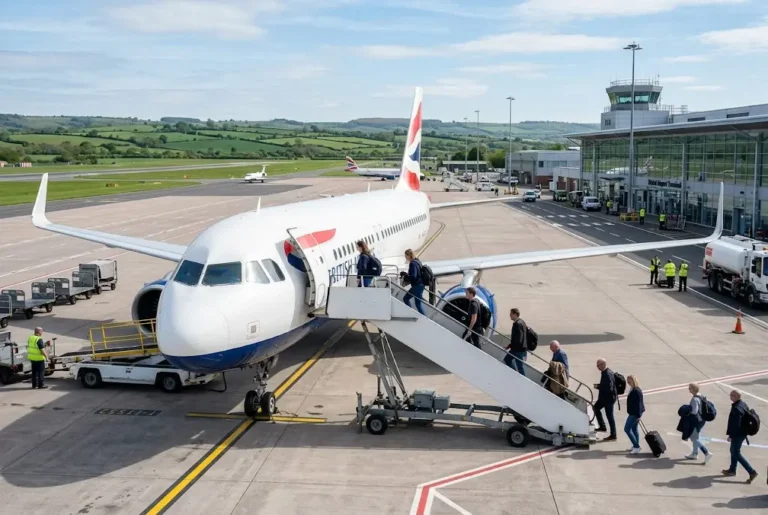 Commercial aircraft for domestic UK flights preparing for departure at a regional UK airport.