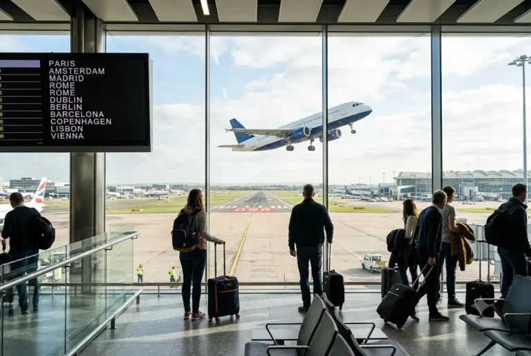Passenger aircraft preparing for short haul flights from UK to European destinations.