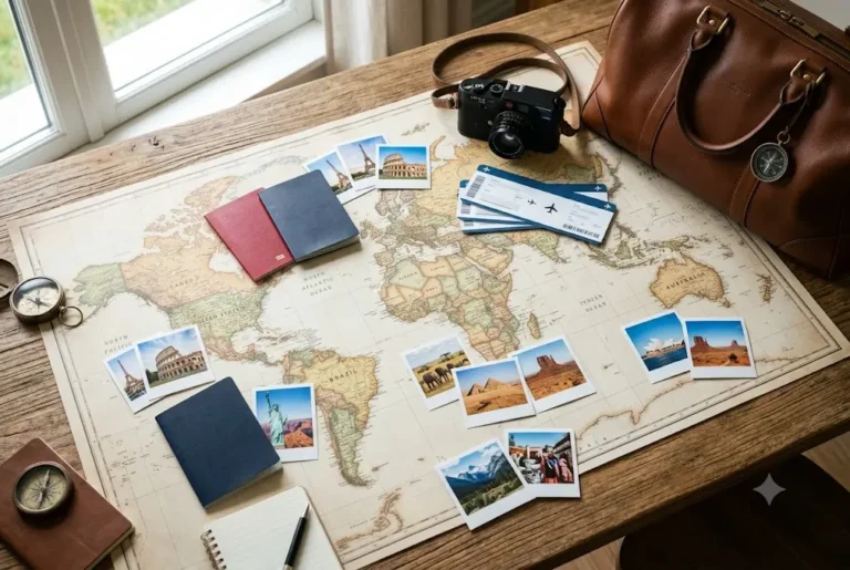 Travel planning for worldwide holidays with passports, luggage and world destinations