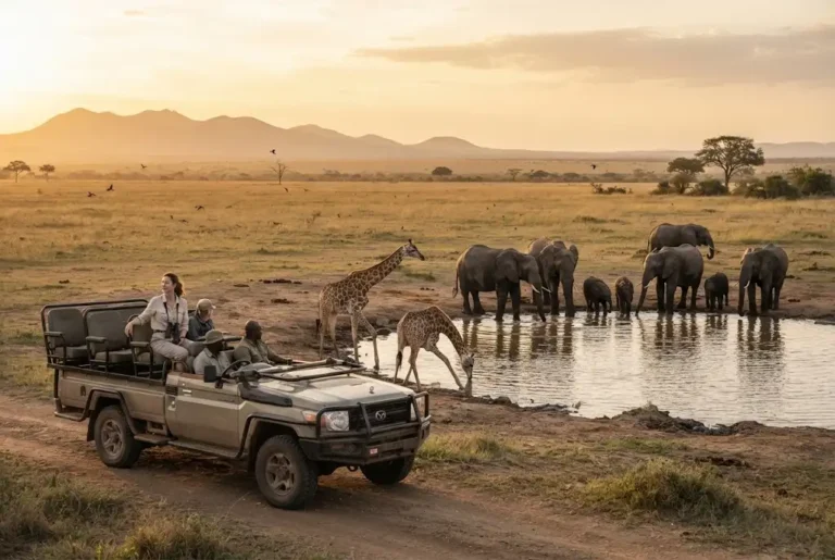 Africa safari holiday featuring elephants and giraffes on the African savannah