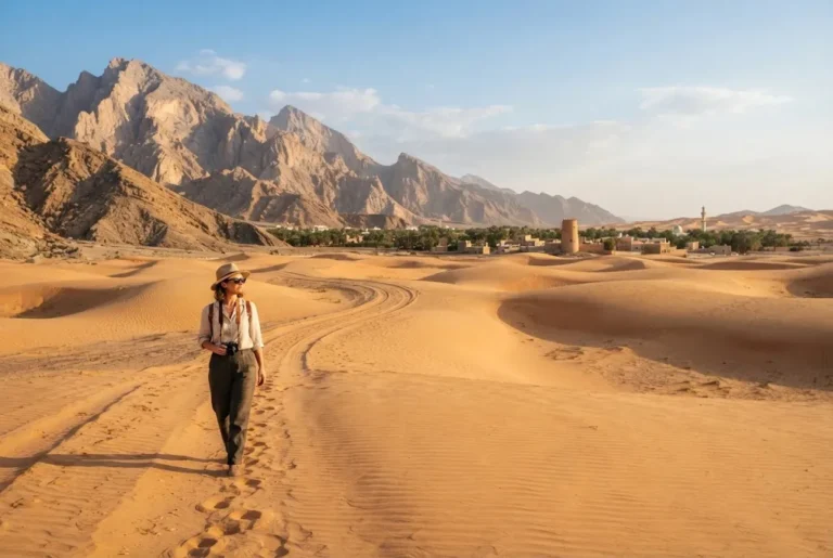 Holiday to Oman featuring dramatic desert dunes and mountain scenery