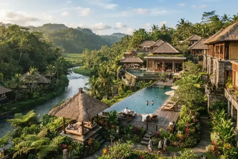 Holidays to Bali featuring a tropical resort, beach and lush Indonesian landscape