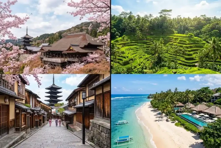 Japan and Bali holiday featuring Kyoto temples and Bali tropical beaches