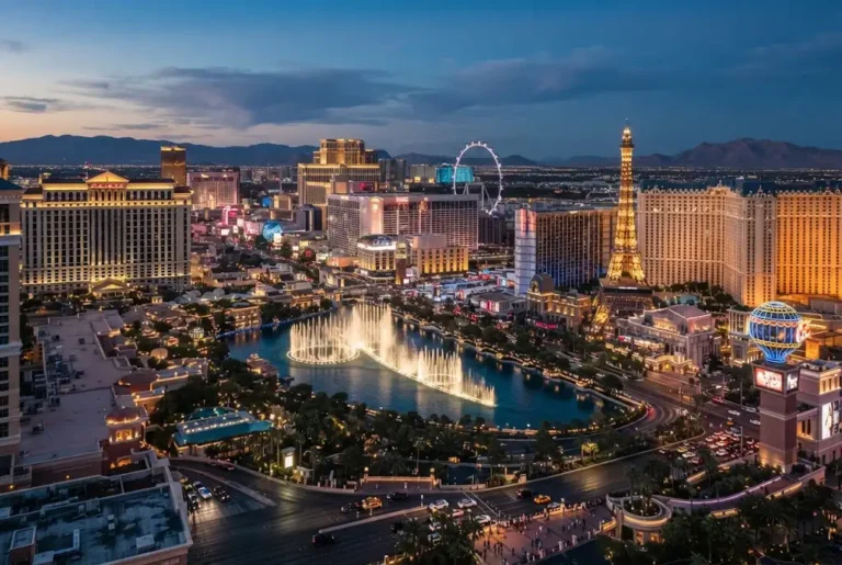 Las Vegas holidays with illuminated Strip and desert mountains