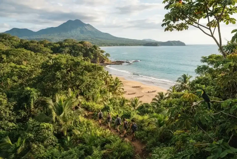 Costa Rica holiday featuring rainforest, volcano and tropical coastline