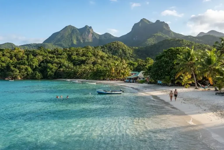 Holidays to Guadeloupe from UK featuring a tropical beach and volcanic landscape