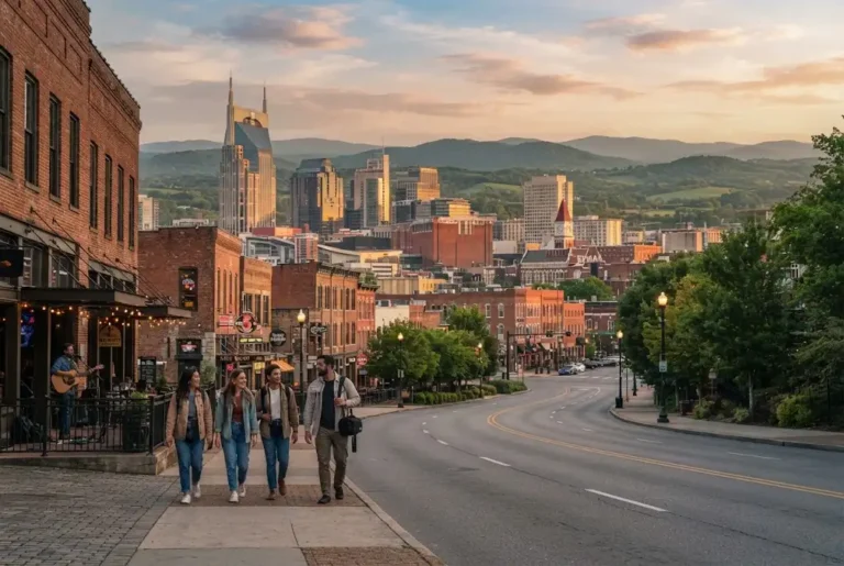 Holidays to Tennessee featuring Nashville skyline and scenic mountain landscape