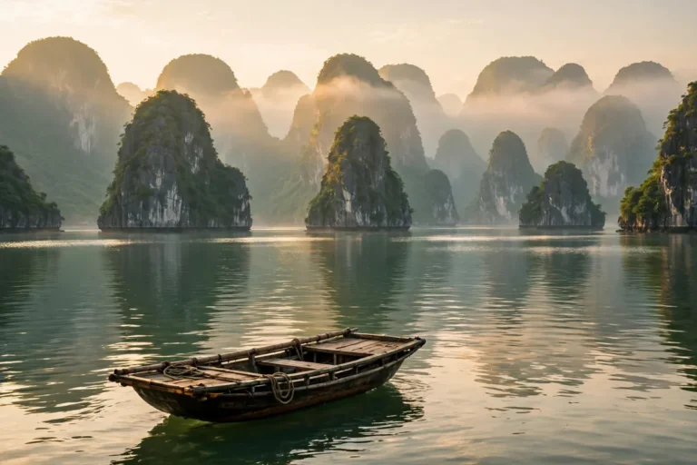 Holidays to Vietnam from UK: A Complete Travel Guide Holidays to Vietnam from UK — Ha Long Bay limestone islands at sunrise with a traditional boat